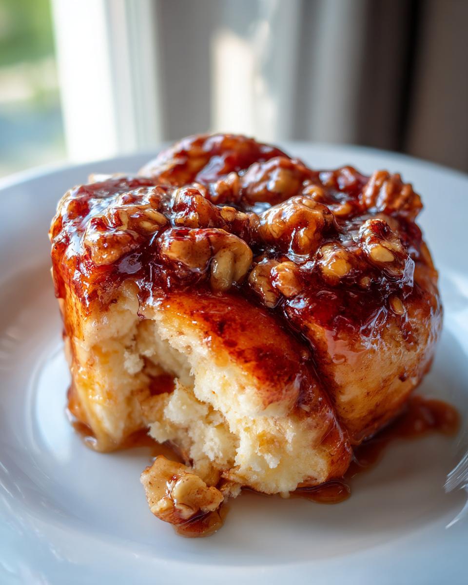A close-up shot of a single Maple Pecan Sticky Bun, glistening with caramel glaze and topped with chopped pecans.