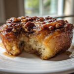 A close-up of a Maple Pecan Sticky Bun on a white plate, with a bite taken out, showing its fluffy interior and gooey topping.