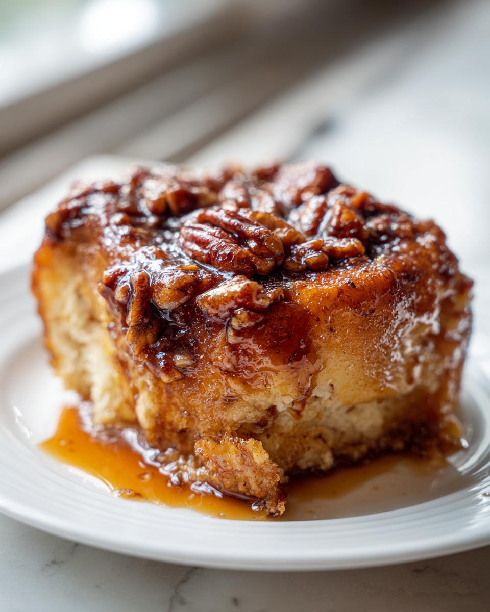 A close-up of a single Maple Pecan Sticky Bun on a white plate, dripping with caramel glaze and topped with pecans.