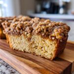 Close-up of a slice of Maple Walnut Coffee Cake with a crumb topping and walnuts.
