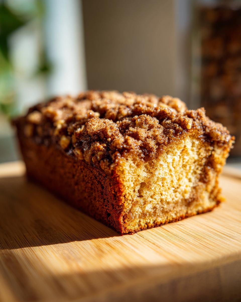 A close-up of a slice of Maple Walnut Coffee Cake with a generous streusel topping, sitting on a wooden board.