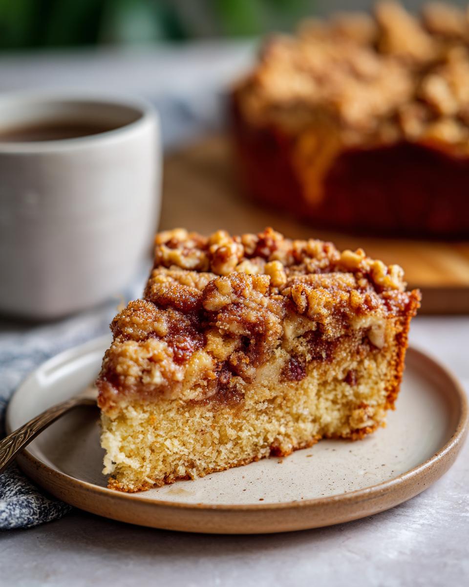 A delicious slice of Maple Walnut Coffee Cake with a crumb topping and a cup of coffee in the background.