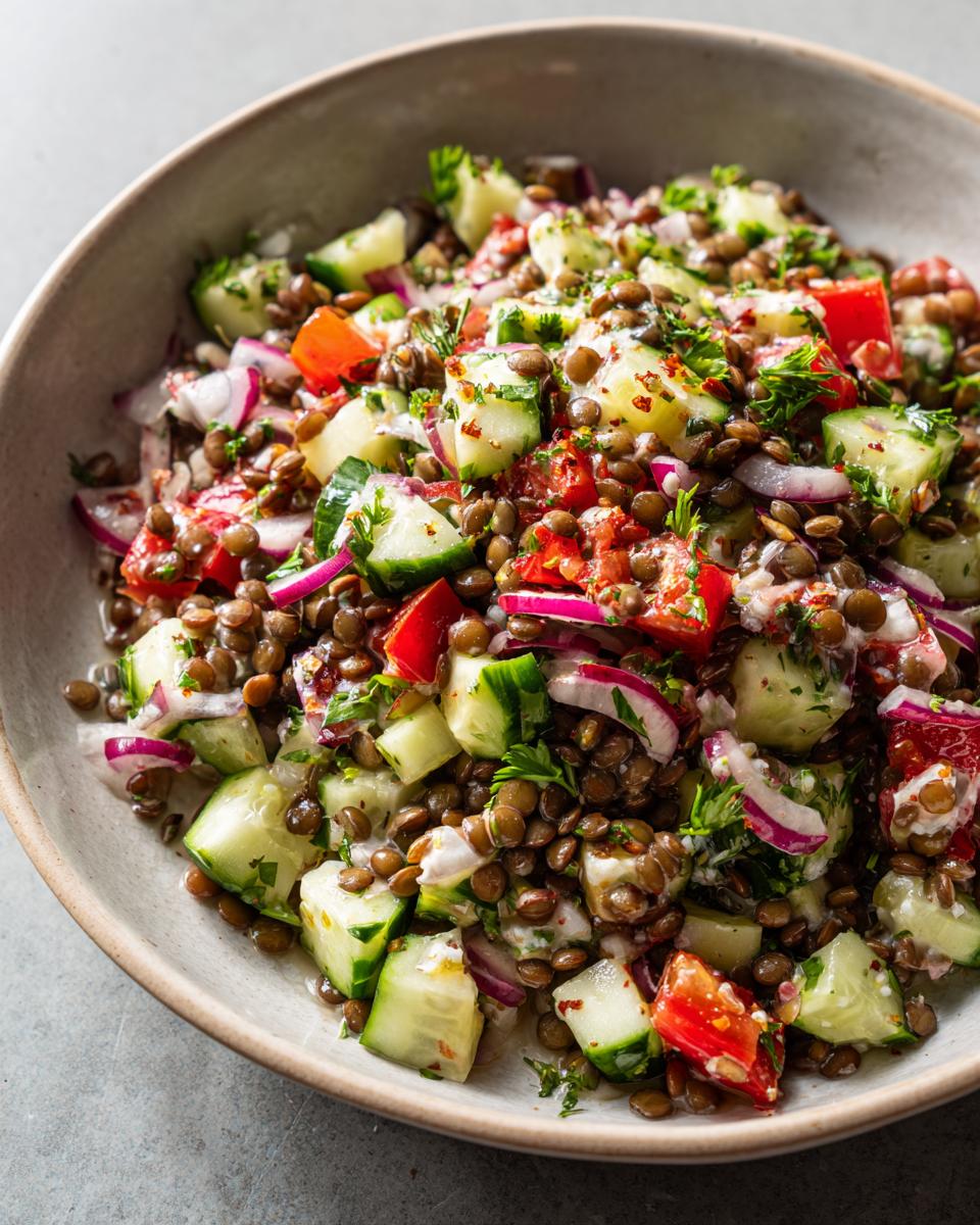 Close-up of a vibrant Mediterranean Lentil Salad featuring lentils, diced cucumbers, tomatoes, and red onion.