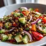 Close-up of a vibrant Mediterranean Lentil Salad filled with lentils, cucumber, red onion, red bell pepper, and fresh herbs.