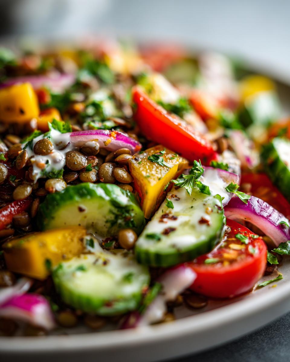 A close-up of a colorful Mediterranean Lentil Salad featuring lentils, cucumber, tomatoes, red onion, and yellow bell pepper.