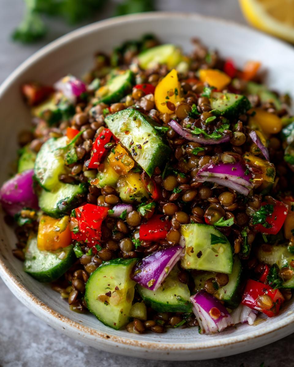 Close-up of a vibrant Mediterranean Lentil Salad with cucumber, red onion, bell peppers, and fresh herbs.