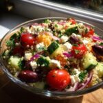 A vibrant bowl of Mediterranean Quinoa Salad with Feta, featuring quinoa, cherry tomatoes, cucumbers, olives, red onion, and feta cheese.