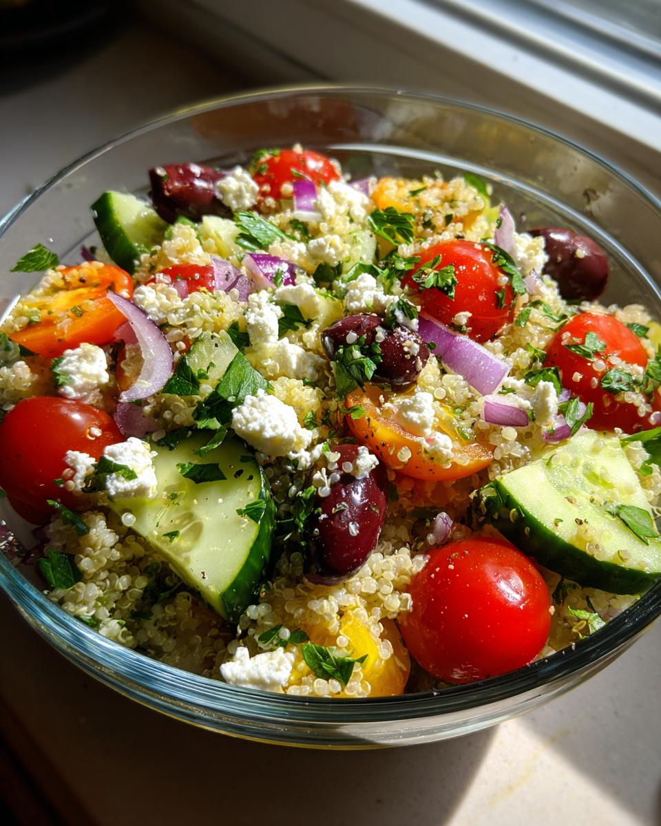 A close-up of a glass bowl filled with Mediterranean Quinoa Salad with Feta, featuring cherry tomatoes, cucumbers, olives, and red onion.