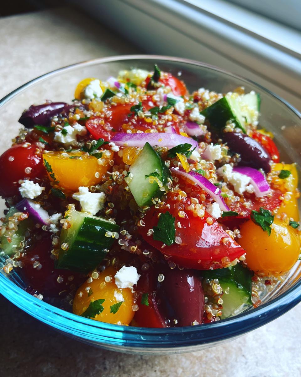 A vibrant Mediterranean Quinoa Salad with Feta, featuring cherry tomatoes, cucumber, red onion, olives, and fresh herbs.