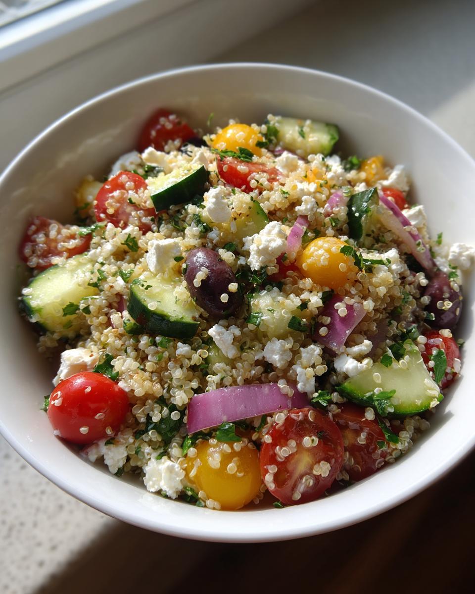 A vibrant bowl of Mediterranean Quinoa Salad with Feta, featuring quinoa, cherry tomatoes, cucumber, olives, red onion, and feta cheese.