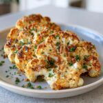 Close-up of golden-brown Parmesan Roasted Cauliflower Steaks, garnished with fresh parsley, on a grey plate.