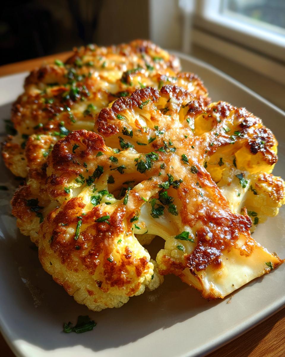 Close-up of golden-brown Parmesan Roasted Cauliflower Steaks, sprinkled with fresh parsley.
