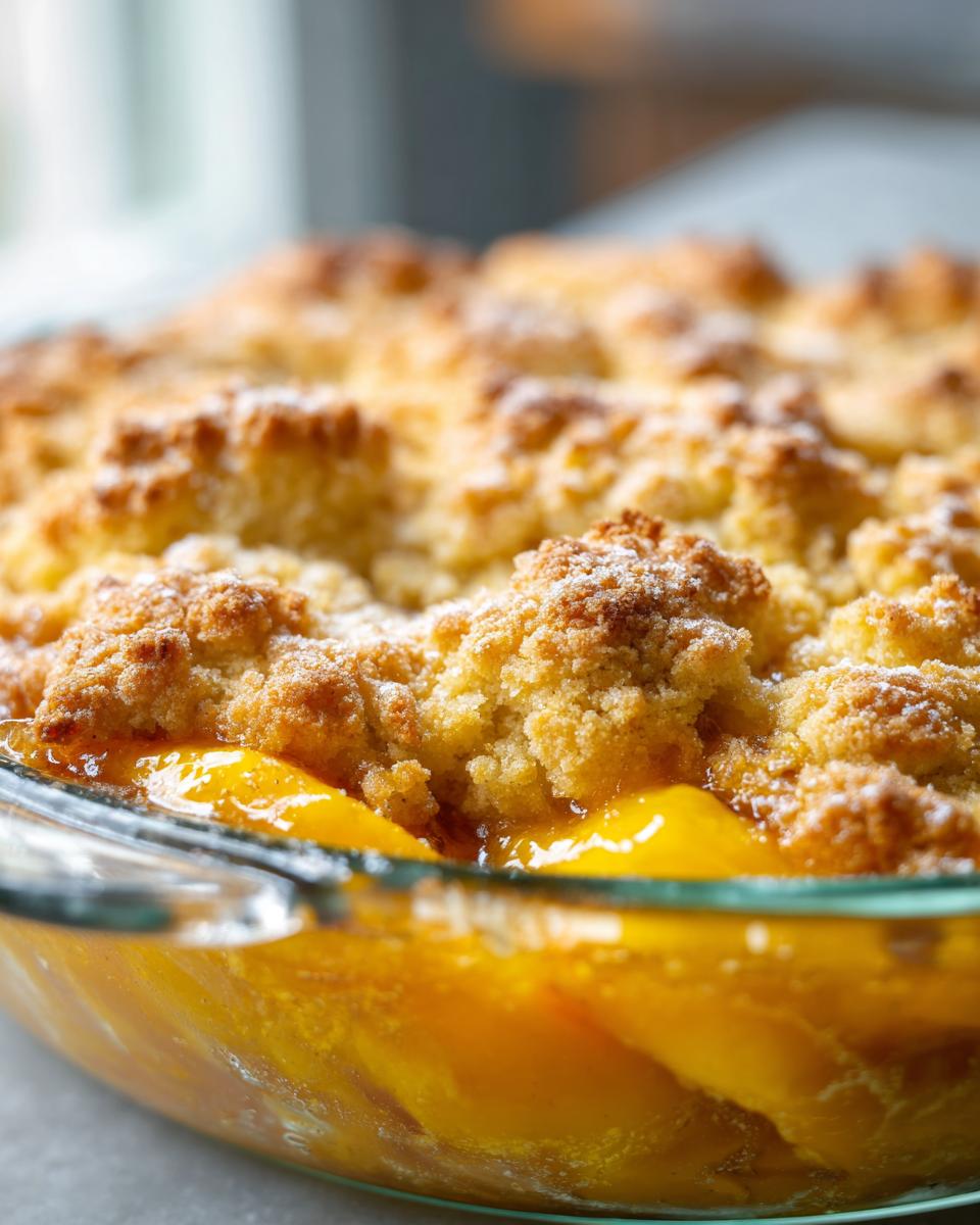 Close-up of a bubbly Peach Bourbon Cobbler in a glass dish, with a golden crumble topping dusted with powdered sugar.