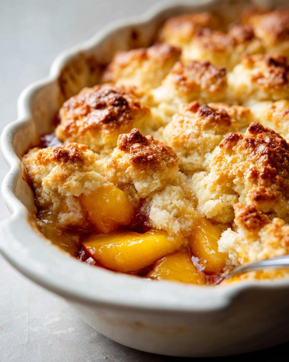 Close-up of a warm Peach Bourbon Cobbler with golden biscuit topping and juicy peach filling.