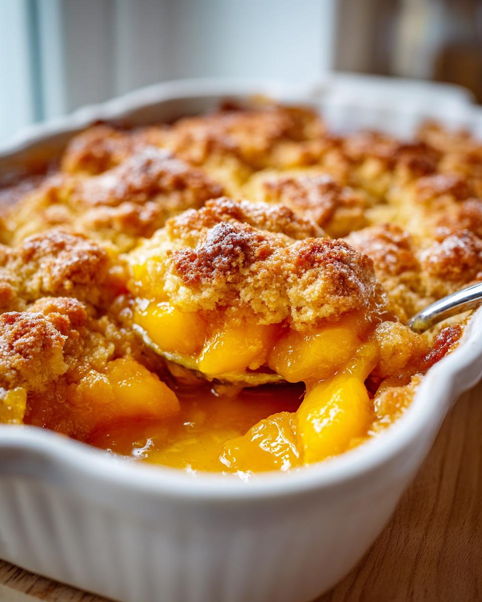 A spoonful scooping into a warm Peach Bourbon Cobbler, revealing juicy peaches and a golden crumb topping.