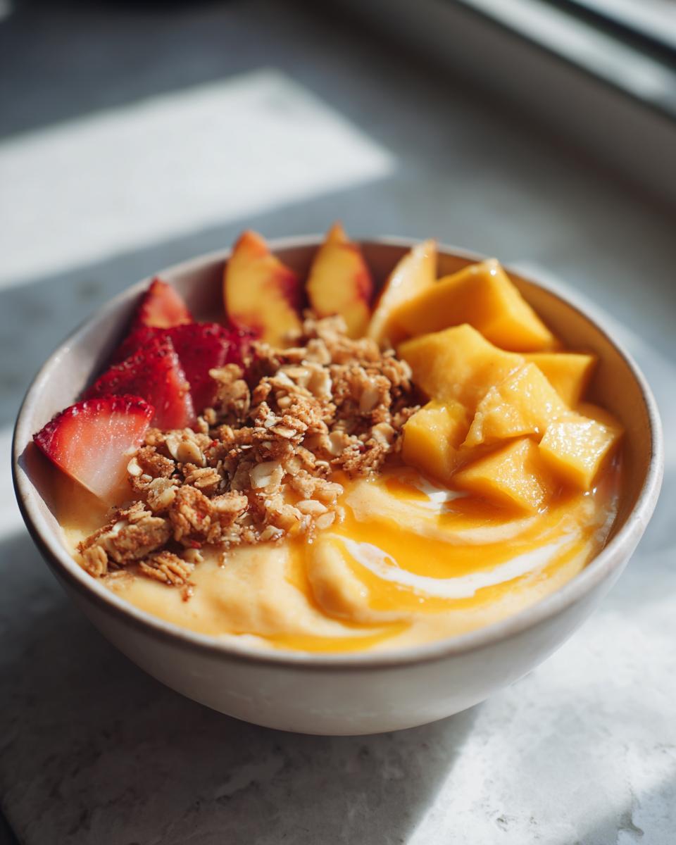 A vibrant Peach Mango Smoothie Bowl topped with fresh strawberries, sliced peaches, diced mango, and crunchy granola.