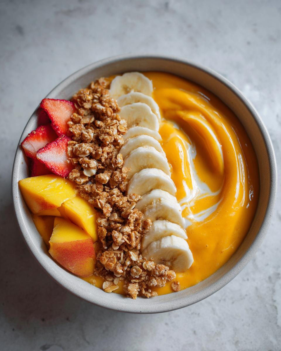 A vibrant Peach Mango Smoothie Bowl topped with sliced strawberries, mango chunks, banana slices, and granola.