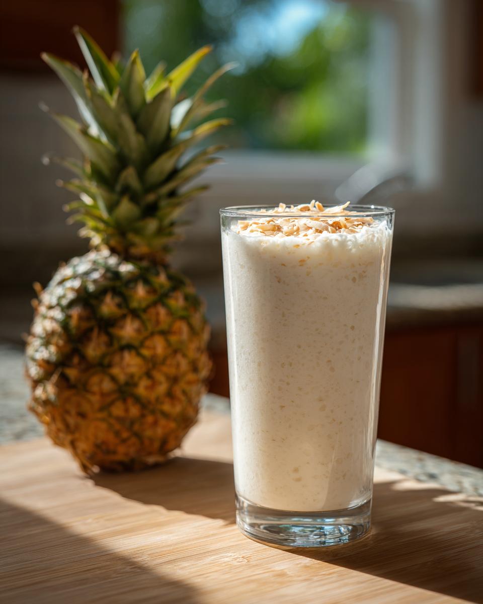 A tall glass of Pineapple Coconut Smoothie topped with shredded coconut and toasted flakes, next to a whole pineapple.