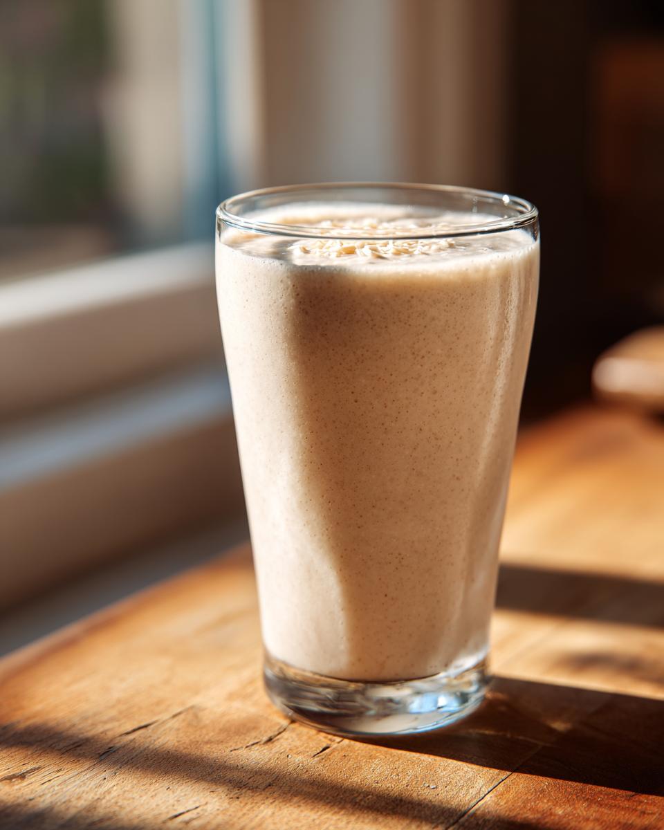 A tall glass filled with a creamy Pineapple Coconut Smoothie, topped with shredded coconut.