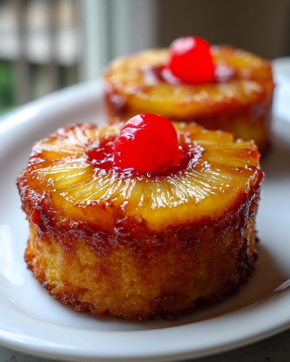 Close-up of two moist Pineapple Upside Down Cupcakes topped with pineapple rings and maraschino cherries.
