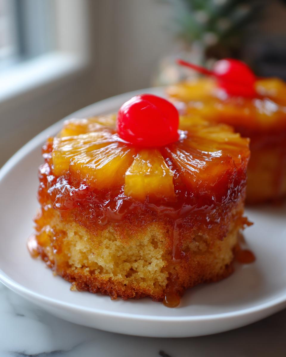 Close-up of a moist Pineapple Upside Down Cupcake topped with caramelized pineapple rings and a bright red cherry.