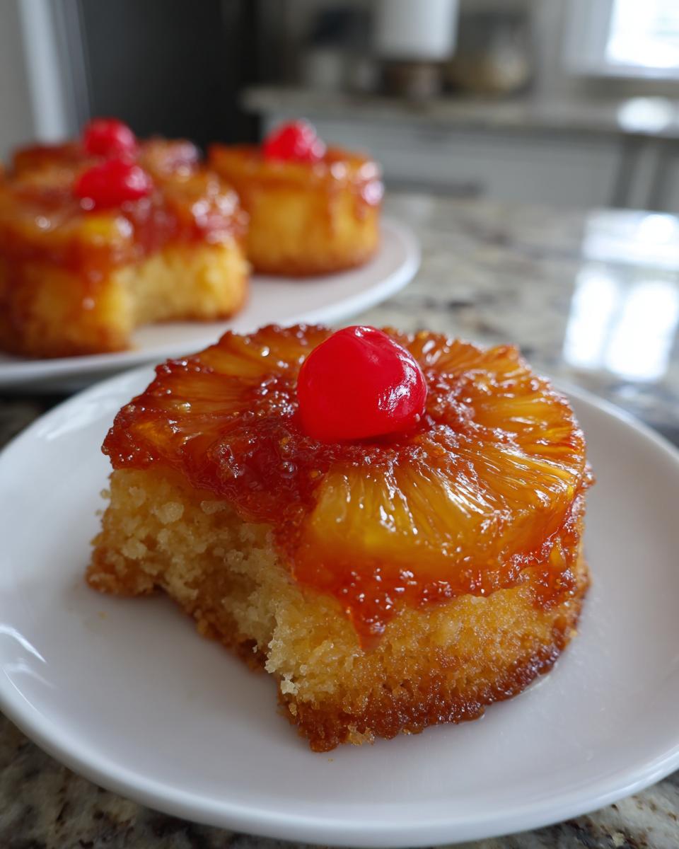 A slice of a moist Pineapple Upside Down Cupcake topped with caramelized pineapple and a cherry.