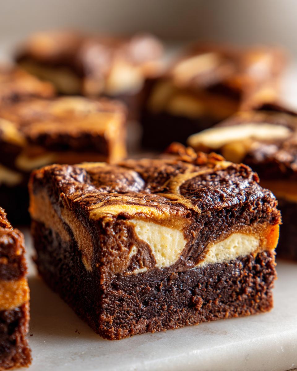 Close-up of a rich Pumpkin Cheesecake Swirl Brownie with visible swirls of cheesecake.
