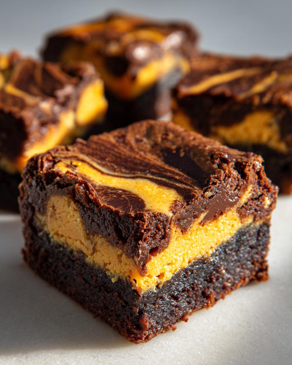 Close-up of a rich Pumpkin Cheesecake Swirl Brownie, showcasing the chocolate brownie base and creamy pumpkin swirl.