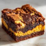 A close-up of a rich chocolate brownie with a vibrant orange pumpkin cheesecake swirl layer.