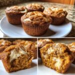 Close-up of moist Pumpkin Cream Cheese Muffins with a creamy center.