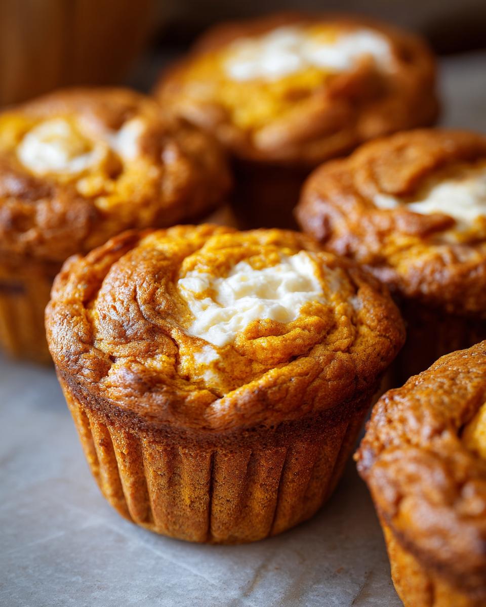 Close-up of freshly baked Pumpkin Cream Cheese Muffins with a creamy center.