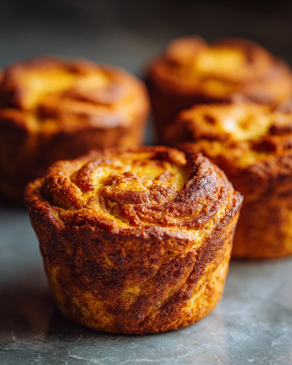 Close-up of a golden-brown Pumpkin Cream Cheese Muffin with a swirled top.