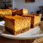Close-up of two Pumpkin Spice Cheesecake Bars on a white plate, showing the rich orange filling and graham cracker crust.