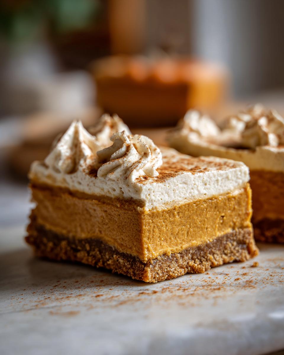 Close-up of a slice of Pumpkin Spice Cheesecake Bars, topped with whipped cream and cinnamon.