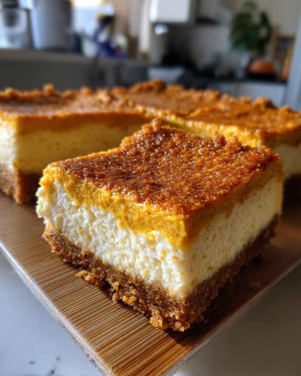 A close-up of a slice of Pumpkin Spice Cheesecake Bars, showcasing the creamy white cheesecake layer and the spiced pumpkin topping.