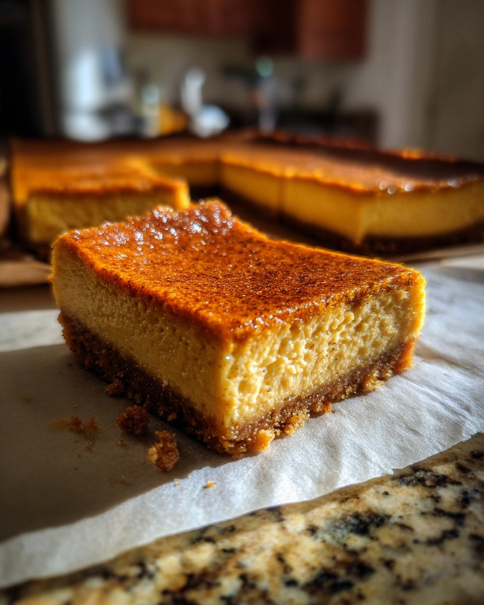A close-up of a delicious Pumpkin Spice Cheesecake Bar with a graham cracker crust.