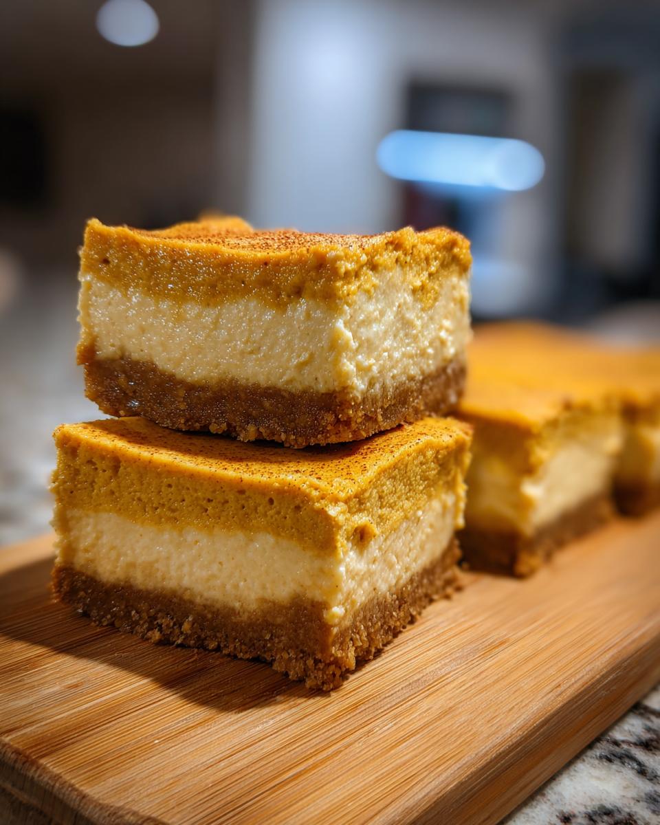 A close-up of two Pumpkin Spice Cheesecake Bars stacked on a wooden cutting board, with more bars in the background.