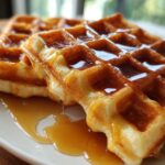 Close-up of two golden-brown Pumpkin Spice Waffles generously drizzled with maple syrup on a white plate.