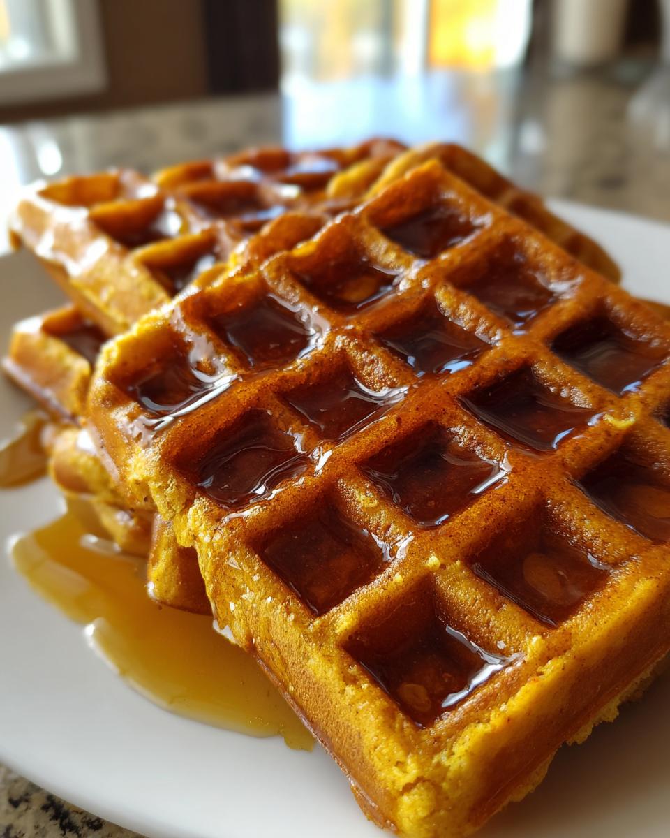 Close-up of a stack of golden-brown Pumpkin Spice Waffles generously drizzled with maple syrup.