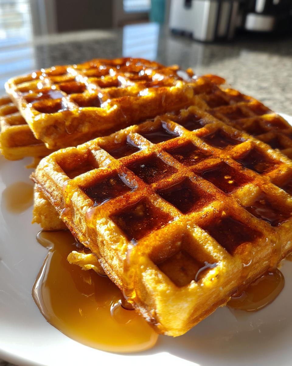 Close-up of golden Pumpkin Spice Waffles generously drizzled with maple syrup on a white plate.