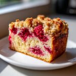 A moist slice of Raspberry Almond Coffee Cake with a crumb topping and visible raspberries.