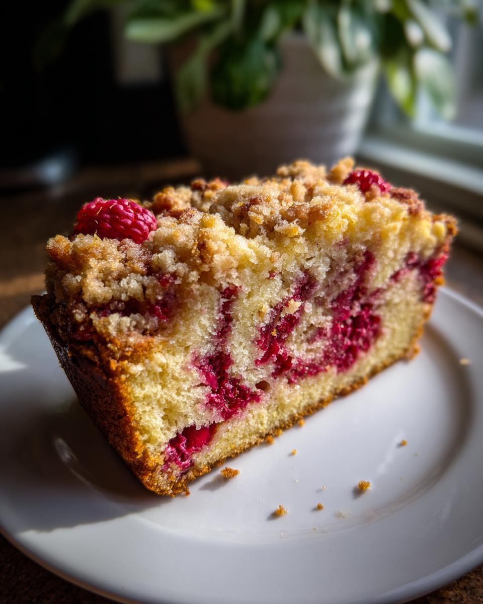 A slice of Raspberry Almond Coffee Cake with a crumb topping and swirls of raspberries.