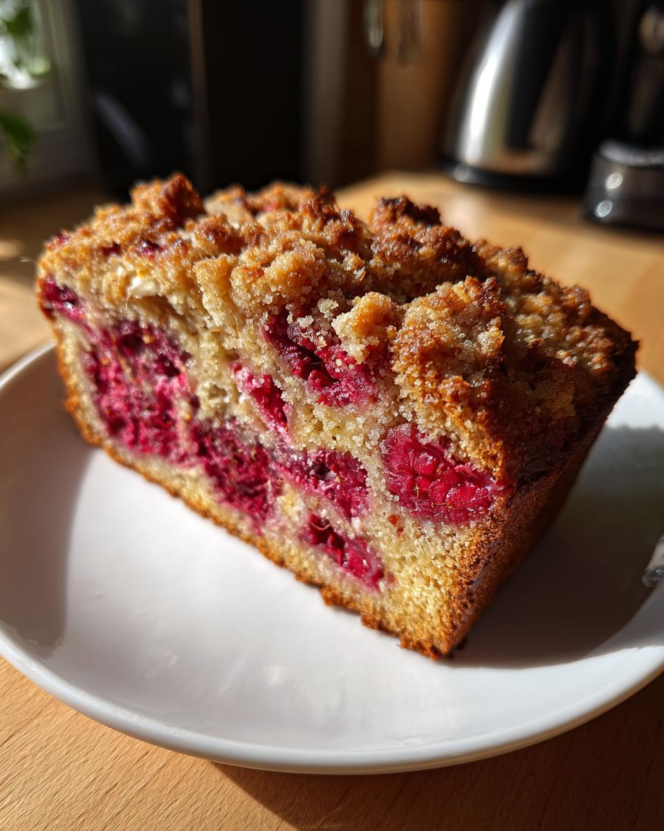 A slice of Raspberry Almond Coffee Cake with a crumbly streusel topping and visible raspberries.
