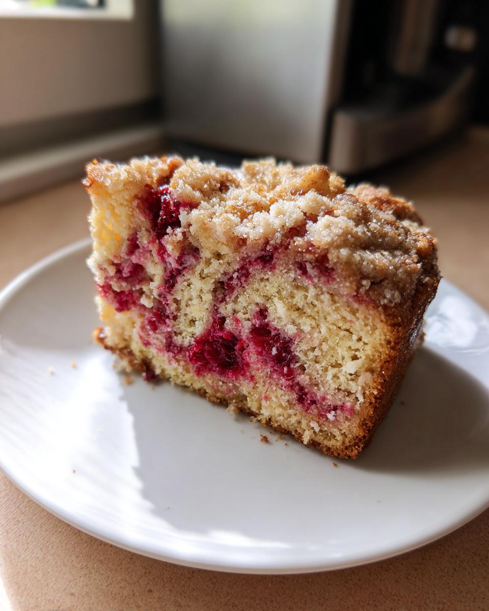 A close-up of a slice of Raspberry Almond Coffee Cake on a white plate, showing the crumb topping and fresh raspberries.
