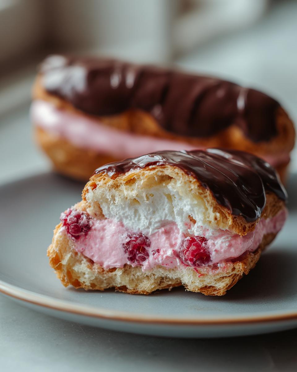 Close-up of a Raspberry Cream Éclair, cut in half to show the raspberry cream filling and fresh raspberries.