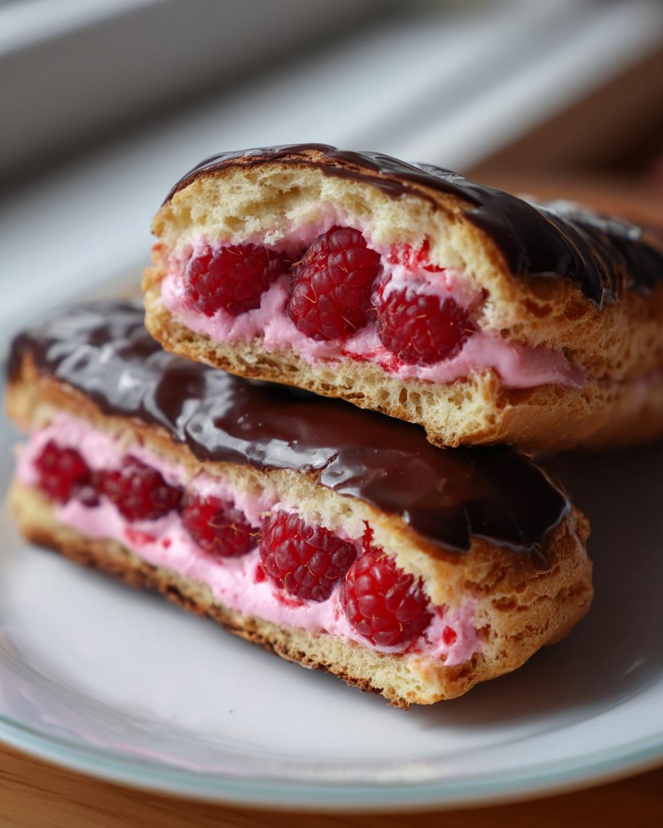 Close-up of two Raspberry Cream Éclairs filled with pink cream and fresh raspberries, topped with chocolate glaze.