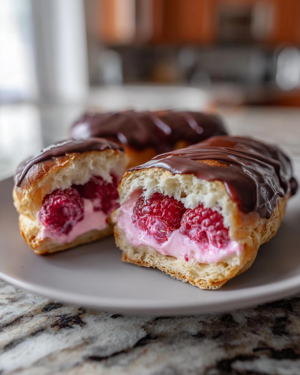 Close-up of a halved Raspberry Cream Éclair filled with pink cream and fresh raspberries, topped with chocolate glaze.