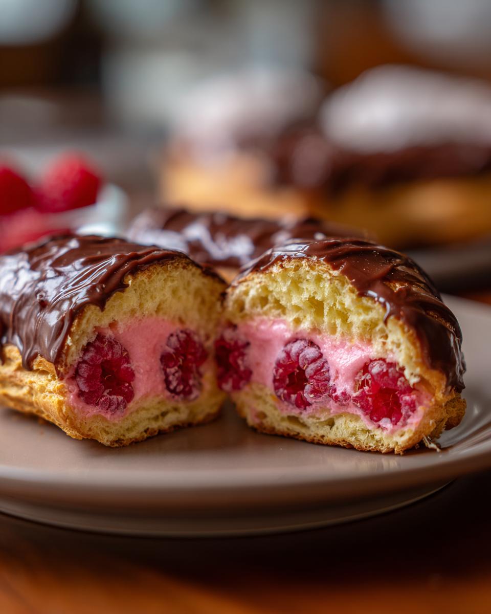 A close-up of a Raspberry Cream Éclair cut in half, showing the pink cream filling and fresh raspberries inside.