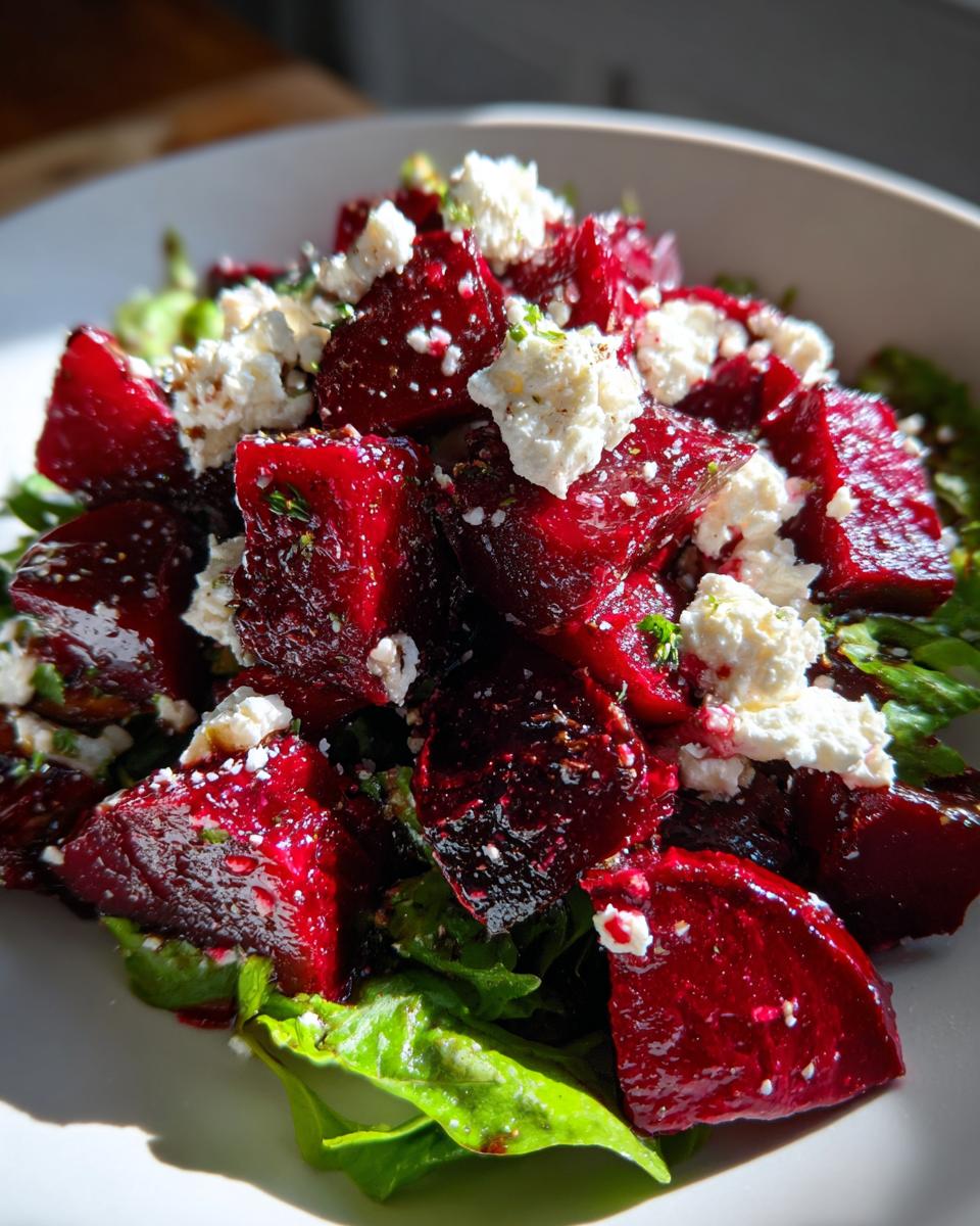 A vibrant Roasted Beet and Goat Cheese Salad featuring bright red beets, crumbled goat cheese, and fresh green lettuce.