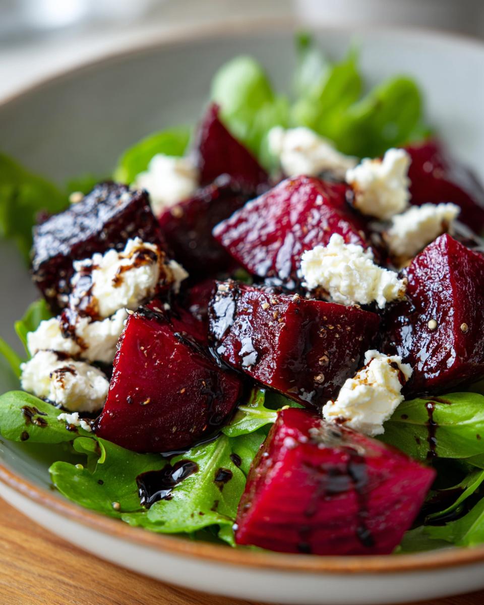 A close-up of a vibrant Roasted Beet and Goat Cheese Salad with arugula and balsamic glaze.